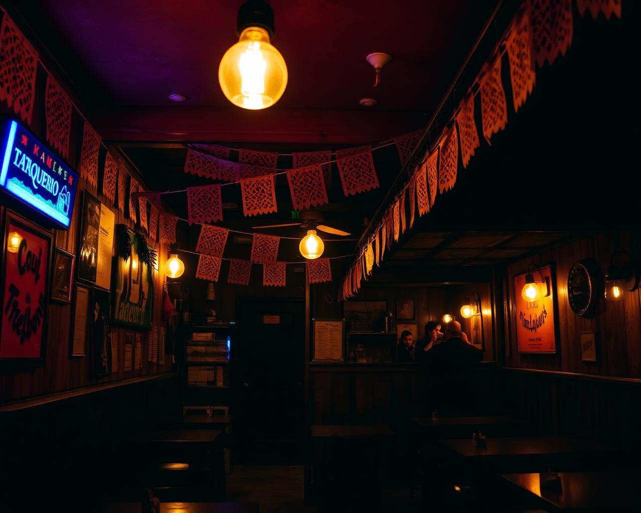 Inside Taquería El Sazón at night
