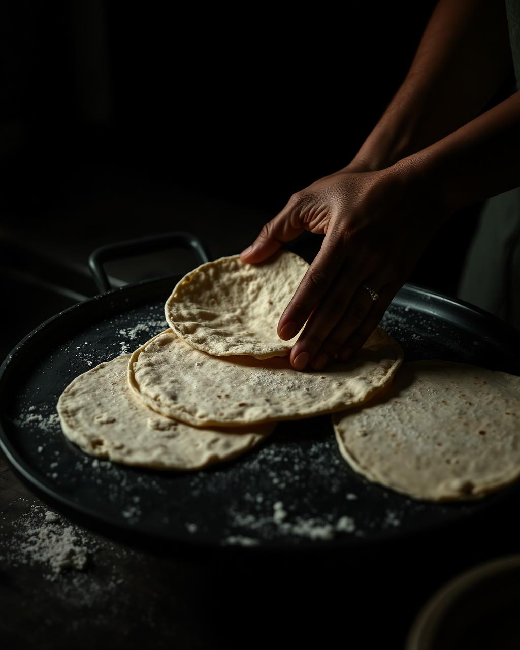 Hands making fresh tortillas on a comal
