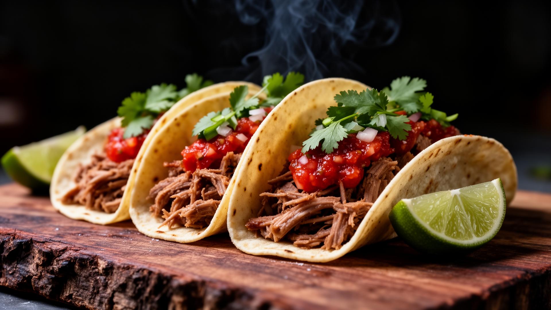 Authentic Mexican street tacos with salsa, lime and cilantro